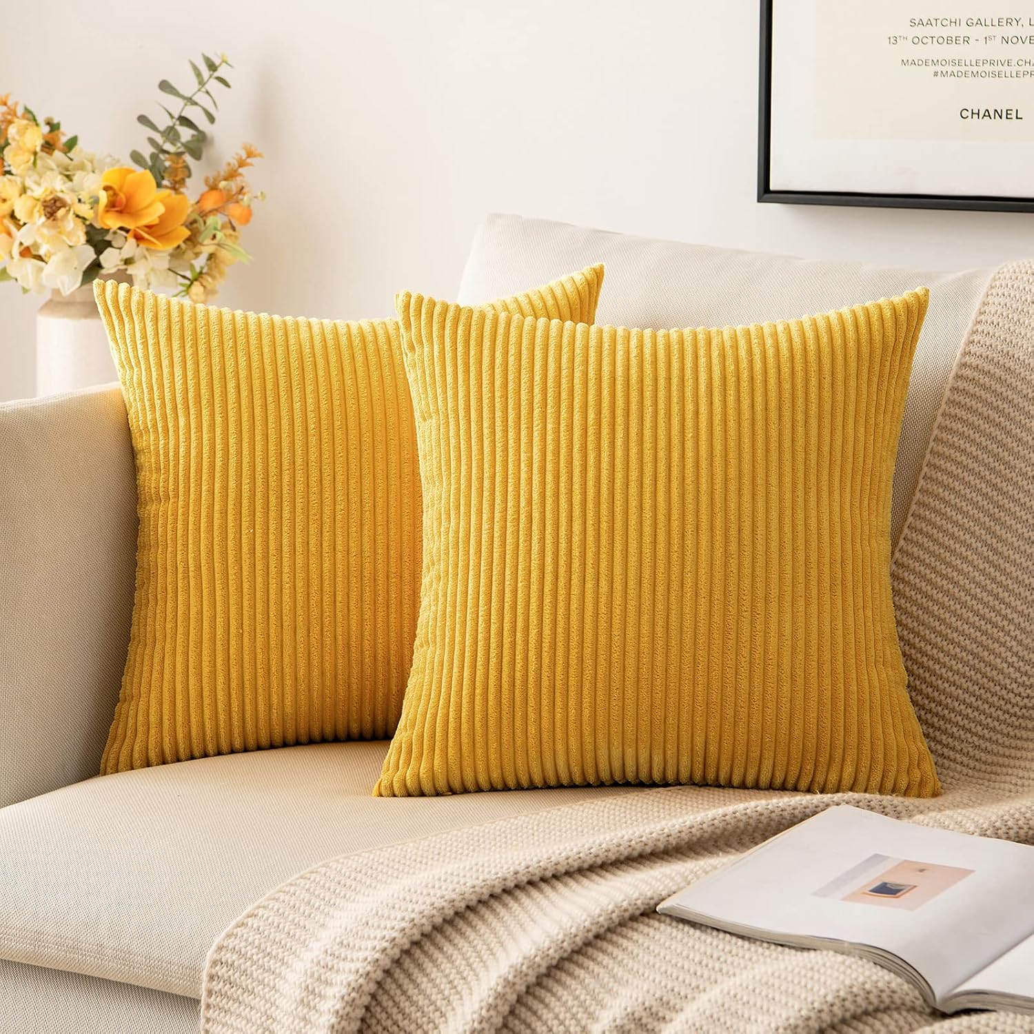 MIULEE Pack of 2 Mustard Yellow Fall Pillow Covers 16x16 Inch Soft Decorative Throw Pillow Covers Corduroy Pillowcases for Sofa Bedroom…