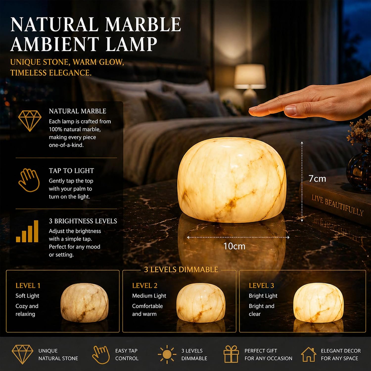 Marmor Marble Lamp Night Light Touch Bedside Table Lamp for Bedroom, Type-C Rechargeable Small Desk Bedside Small Lamps, Eye Caring Dimmable…