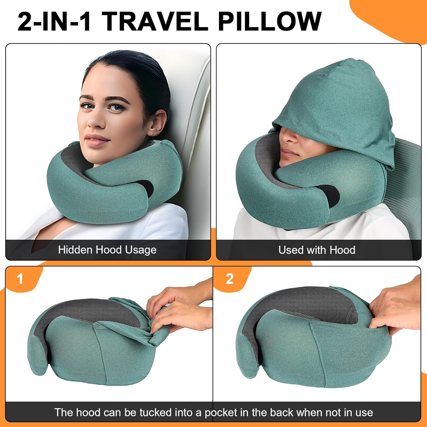 Vzpeun Travel Pillow - Hooded Neck Pillow Airplane Memory Foam Filling for Plane, Office, Cars Sleeping, Road Trip, Long Flights, Airplane…