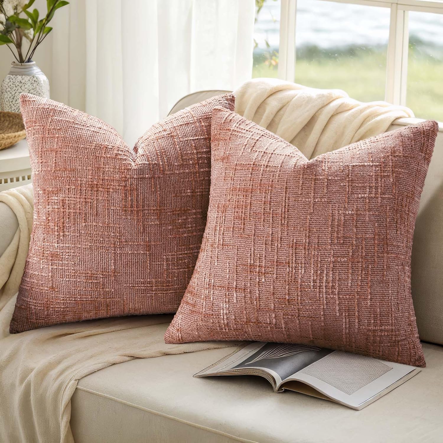 decorUhome Summer Pink Chenille Throw Pillow Covers 16x16 Set of 2 Textured Soft Cozy Slubby Couch Pillow Covers Modern Farmhouse Boho Deco…