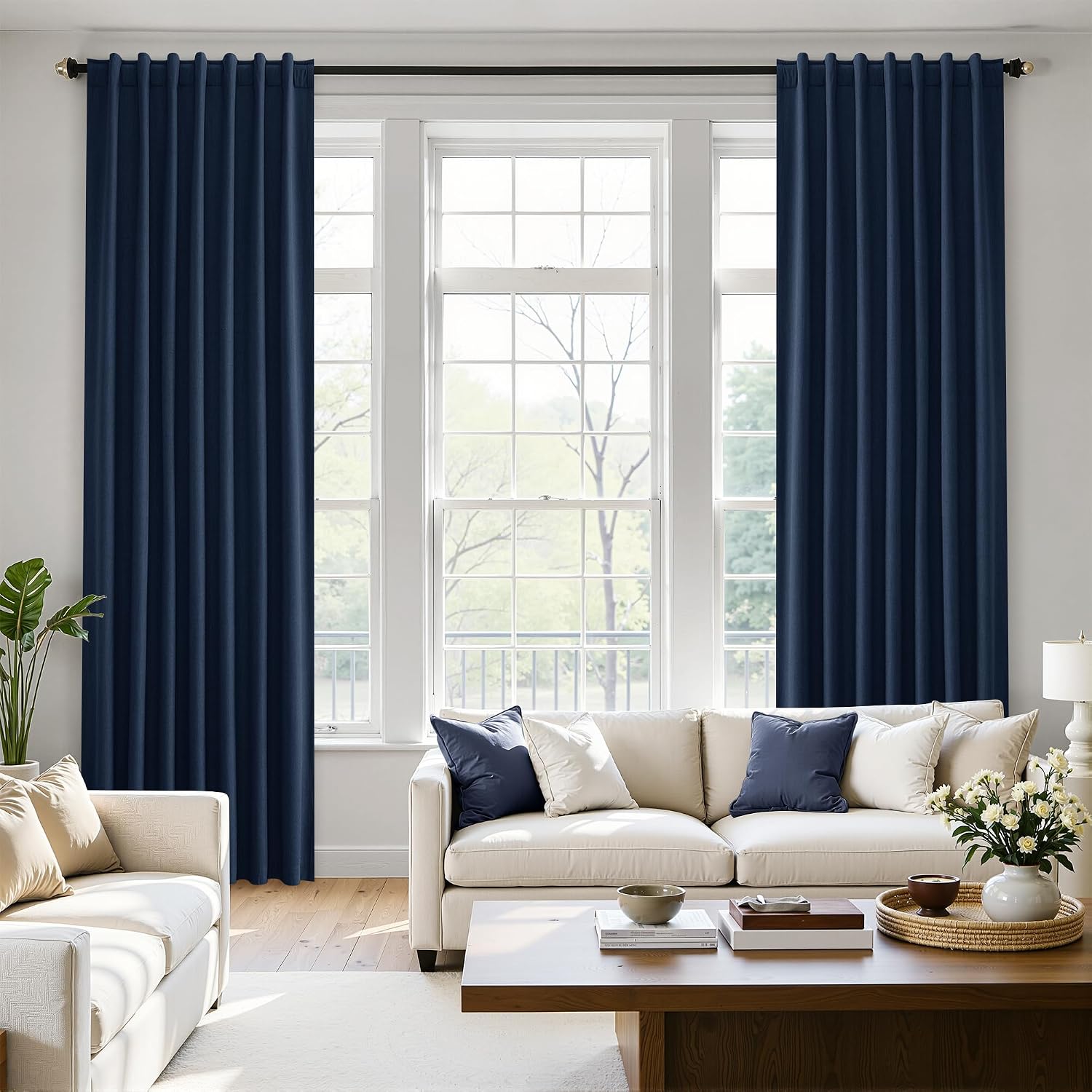 Nanspring Navy Blue 100% Blackout Linen Curtains for Bedroom 80 Inches Long Back Tab Thermal Insulated Modern Luxury Nautical Decor Black O…