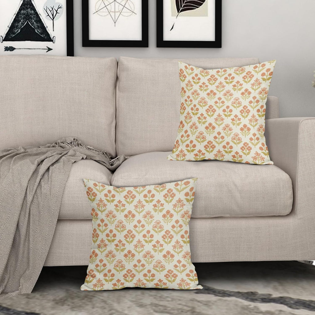 Orange Yellow Floral Block Print Pillow Covers 16x16 Inch Set of 2, Vintage Flower Pattern Decorative Throw Pillowcases Outdoor Farmhouse…