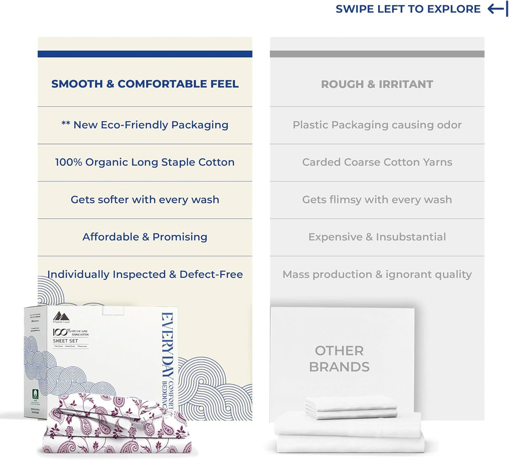 Mayfair Linen 100% Organic Cotton Printed Sheets Queen Size - Percale Weave Cotton Queen Size Sheet Set (4 PC, Paisley), Soft & Crisp…