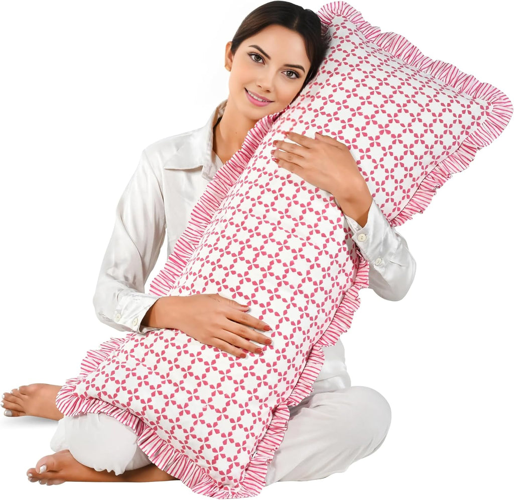 Cottonprintclub CPC Hand Block Print Magenta Pink Ruffle Sham Pillow Cover 36" x 14" inch Hidden Zipper Decorative Pillowcase for Couch, Be…