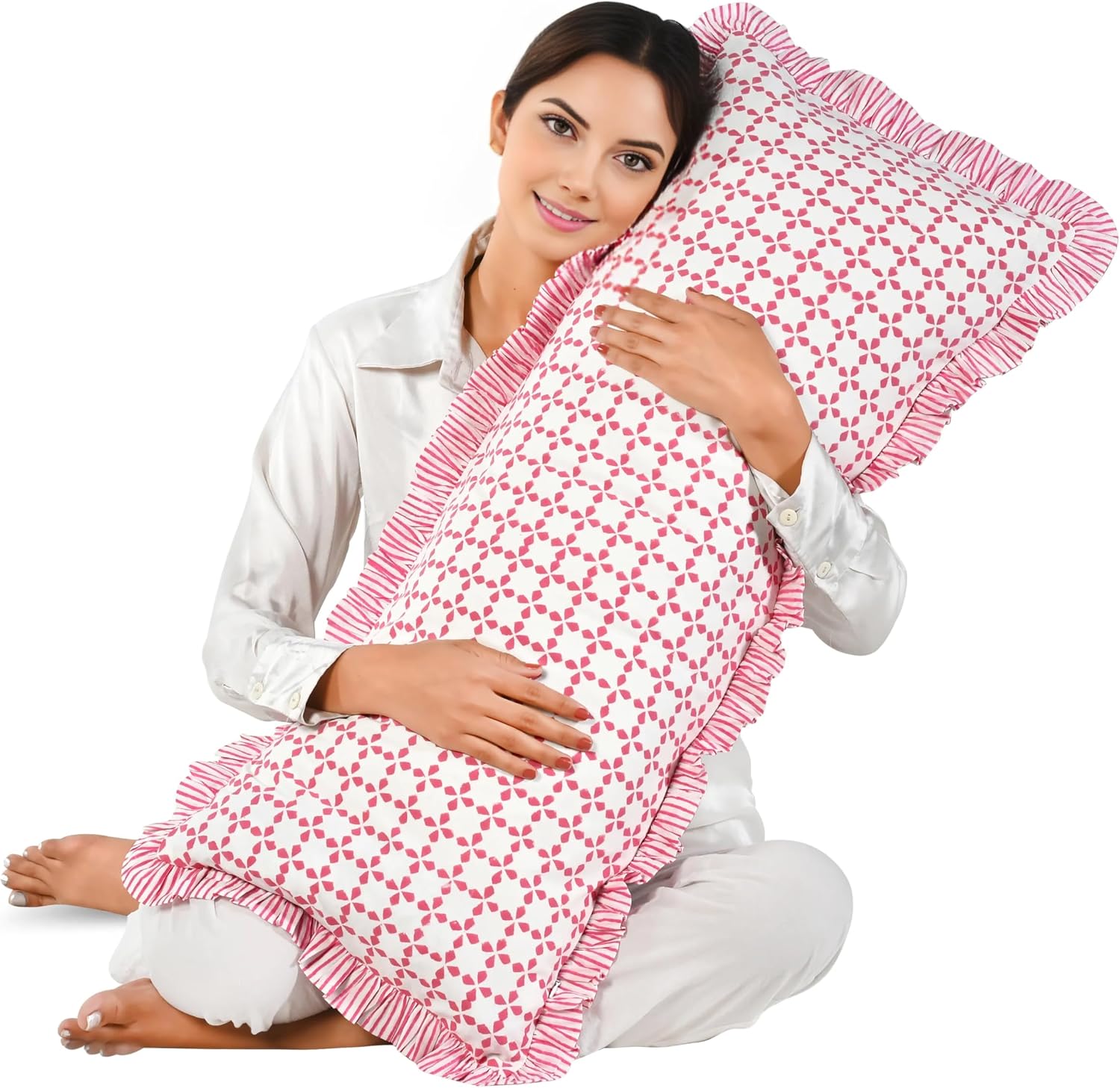 Cottonprintclub CPC Hand Block Print Magenta Pink Ruffle Sham Pillow Cover 36" x 14" inch Hidden Zipper Decorative Pillowcase for Couch, Be…
