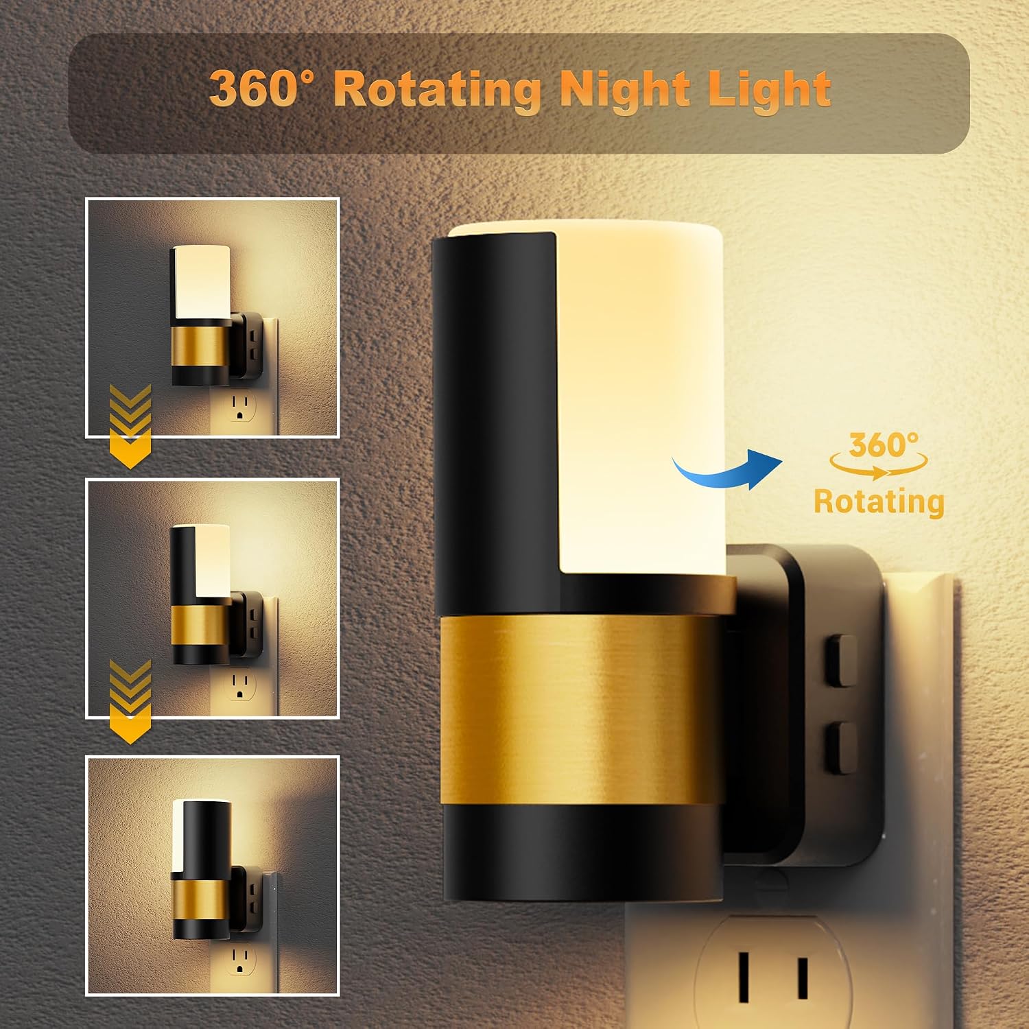 JandCase Plug in Night Light, Rotating Night Light with 3 Colors, 3000K/5000K/Amber, Dimmable Night Lights with Dusk to Dawn Sensor…