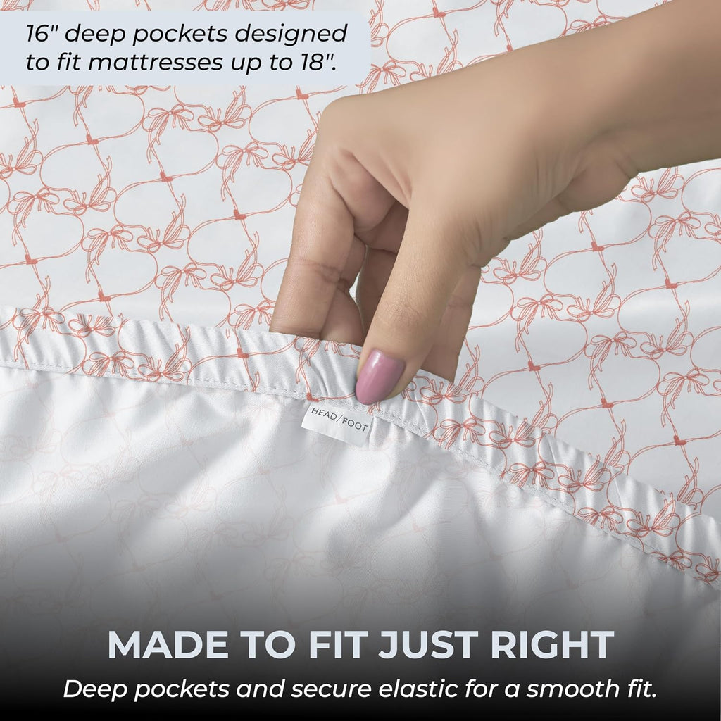 Twin Fitted Sheet with 18" Deep Pockets, No Flat - Percale Weave Natural - Breathable 100% Cotton Printed Bedding, 1 Fitted Sheet + 1…