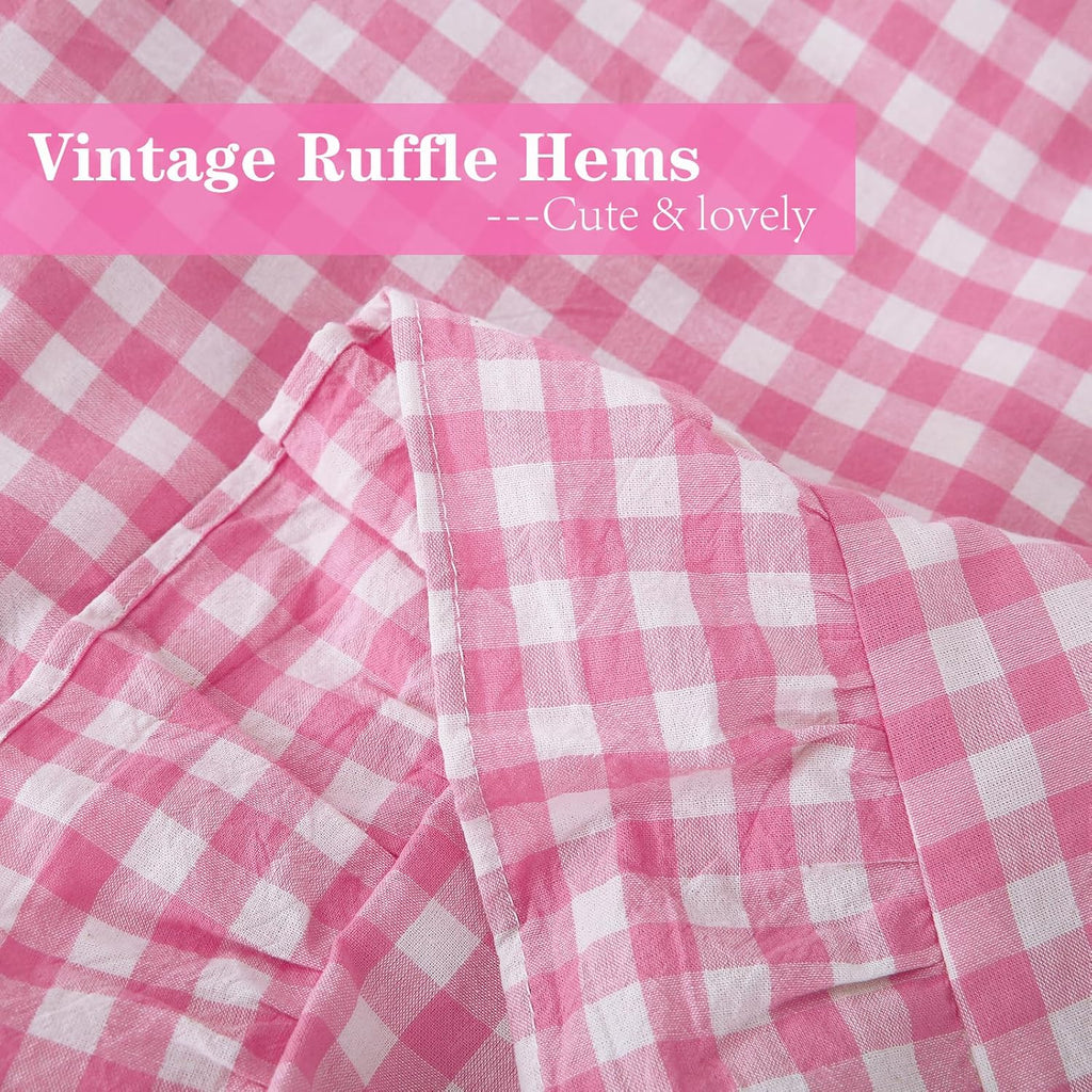 2 Pack Pink White Plaid Ruffle Gingham Standard Pillow Covers, 100% Washed Cotton Checkered Girly Bed Pillow Shams - 20"x26"