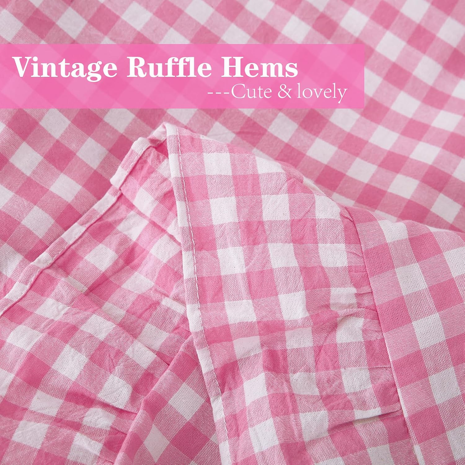 2 Pack Pink White Plaid Ruffle Gingham Standard Pillow Covers, 100% Washed Cotton Checkered Girly Bed Pillow Shams - 20"x26"