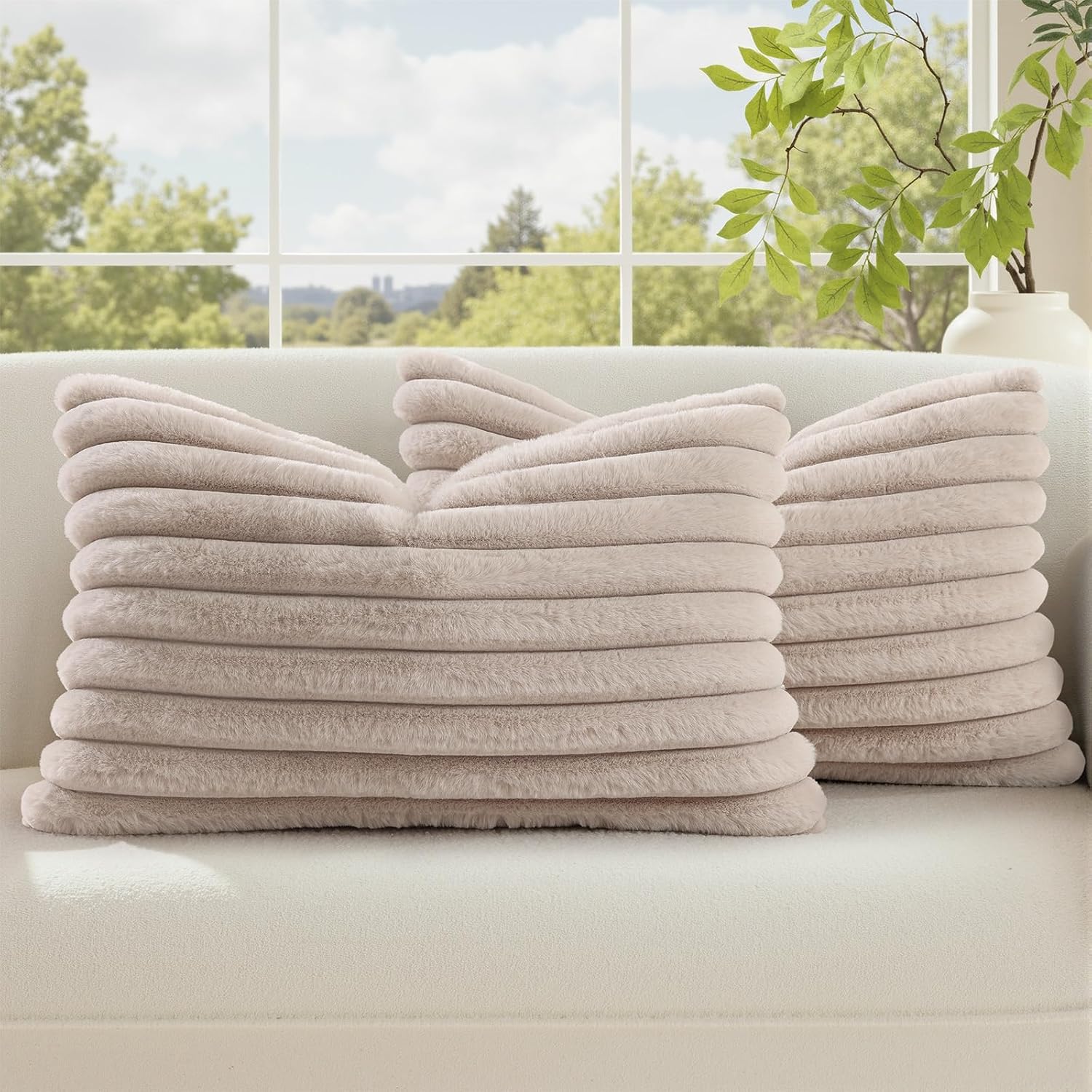 decorUhome Cozy Faux Fur Throw Pillow Covers 12x20 Set of 2 Decorative Soft Plush Striped Lumbar Modern Farmhouse Boho Couch Pillow Cases w…