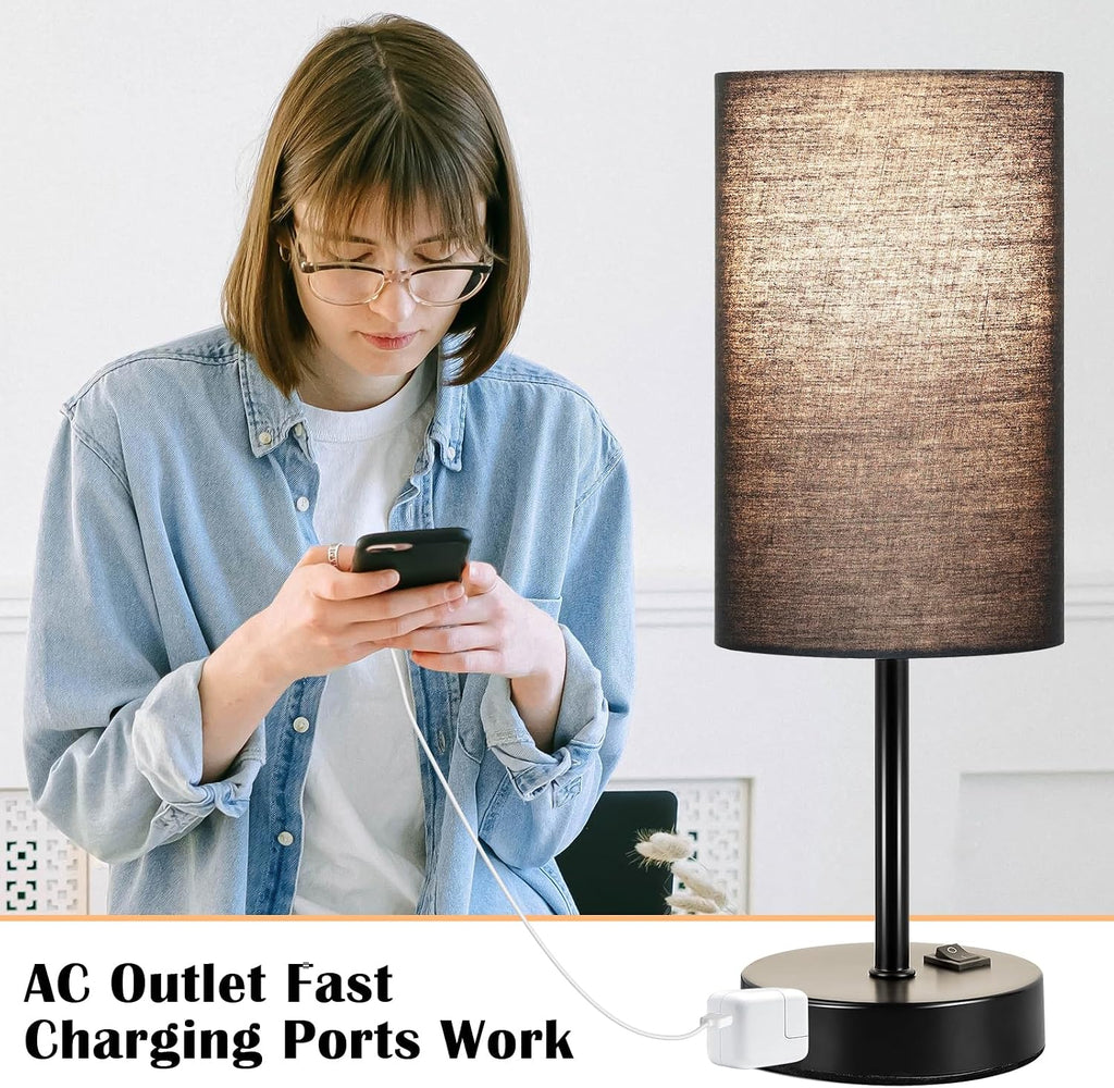 ZJOJO Table Lamp for Bedroom Set of 2, Bedside Small Lamps with 3 Way Dimmable Rocker Switch and AC Outlet, Nightstand Desk Lamp with…