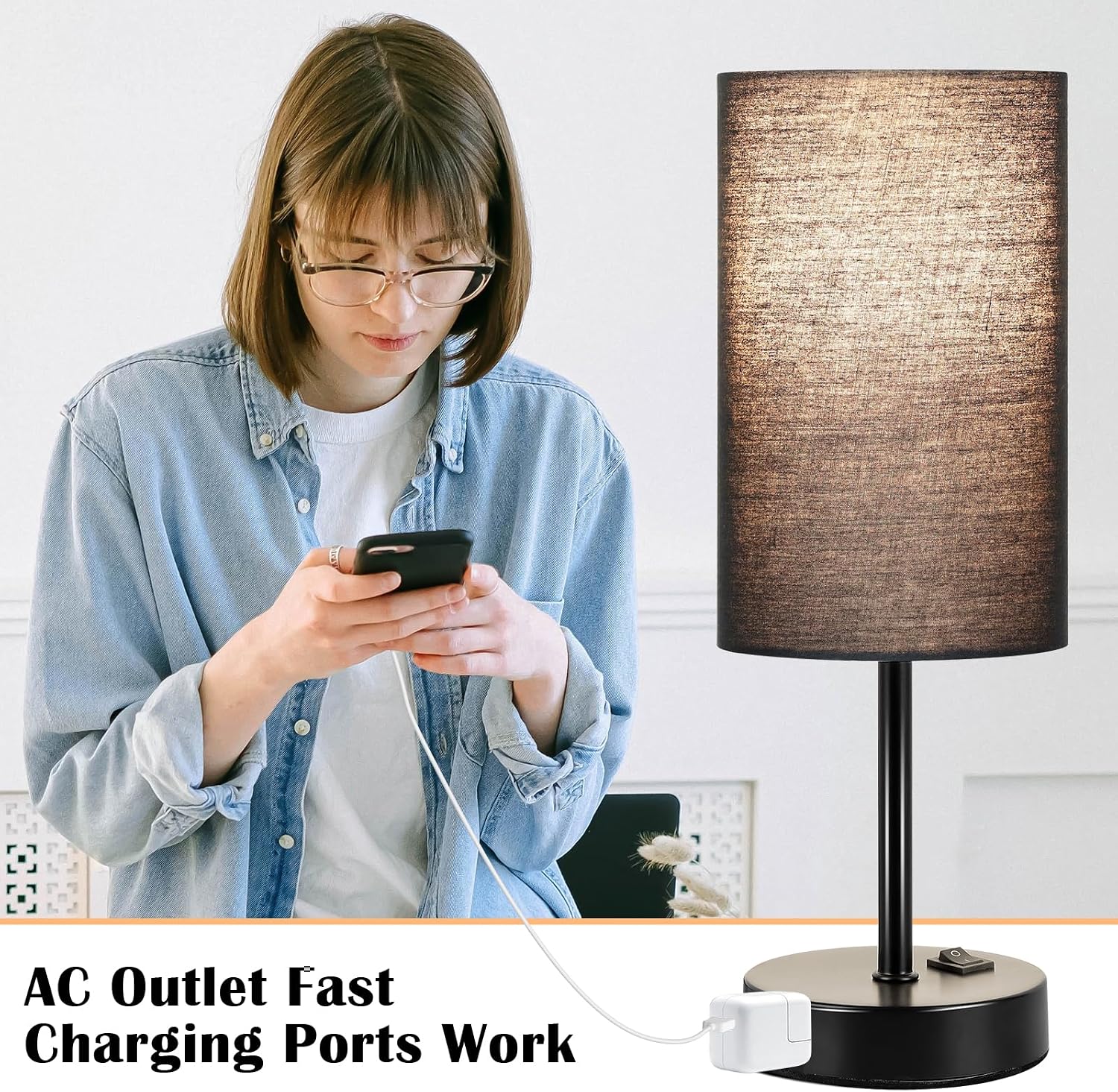 ZJOJO Table Lamp for Bedroom Set of 2, Bedside Small Lamps with 3 Way Dimmable Rocker Switch and AC Outlet, Nightstand Desk Lamp with…