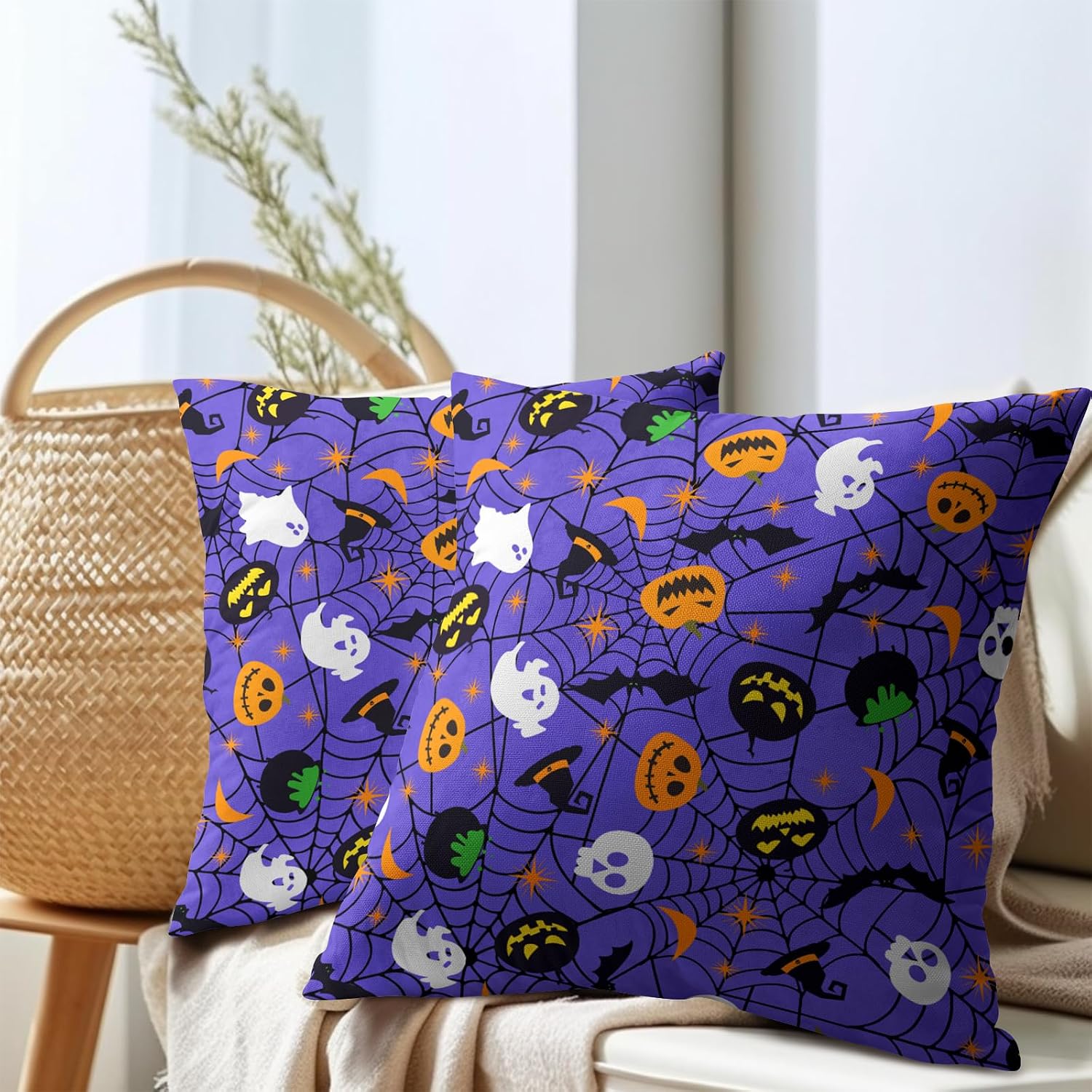 Halloween Purple Throw Pillow Covers 24x24 inch Set of 2 Humour Pumpkins Ghost Skeleton Bat Web Decorative Pillowcase Holiday Cotton…