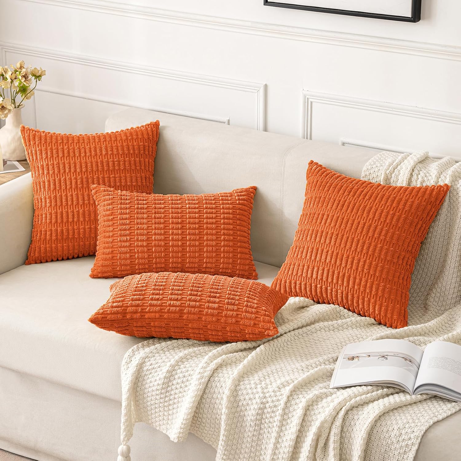 Miulee Pack of 2 Orange Corduroy Decorative Pillow Covers 18x18 Inch Soft Boho Striped Throw Pillow Covers Modern Farmhouse Home Decor for…