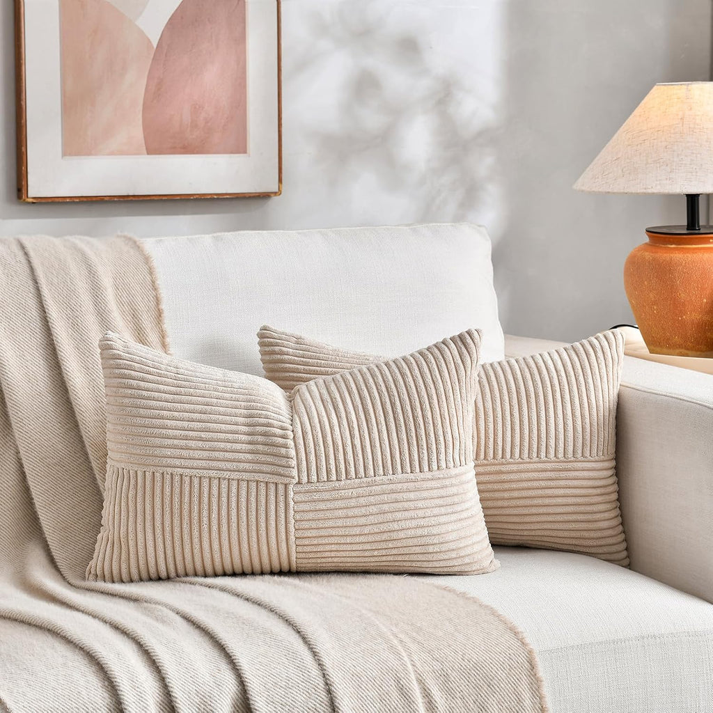 Fancy Homi 2 Packs Tan Lumbar Decorative Throw Pillow Covers 16x32 Inch for Living Room Couch Bed Sofa, Boho Home Decor, Soft Striped…