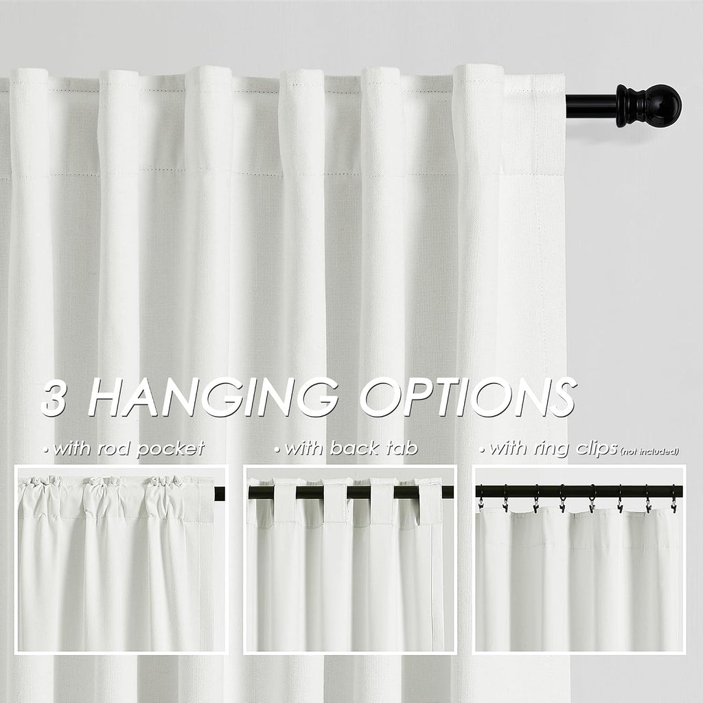 Nanspring Ivory 100% Blackout Linen Curtains for Bedroom 132 Inches Long Back Tab Thermal Insulated Rustic Modern Farmhouse Decor Black Out…