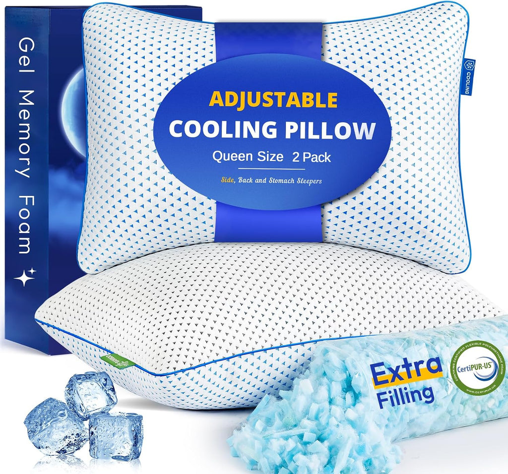 Fulocean Cooling Gel Memory Foam Pillows Queen Size Set of 2 for Sleeping, Bamboo Rayon Adjustable Firm Shredded Foam Cool Bed Pillows 2 Pa…