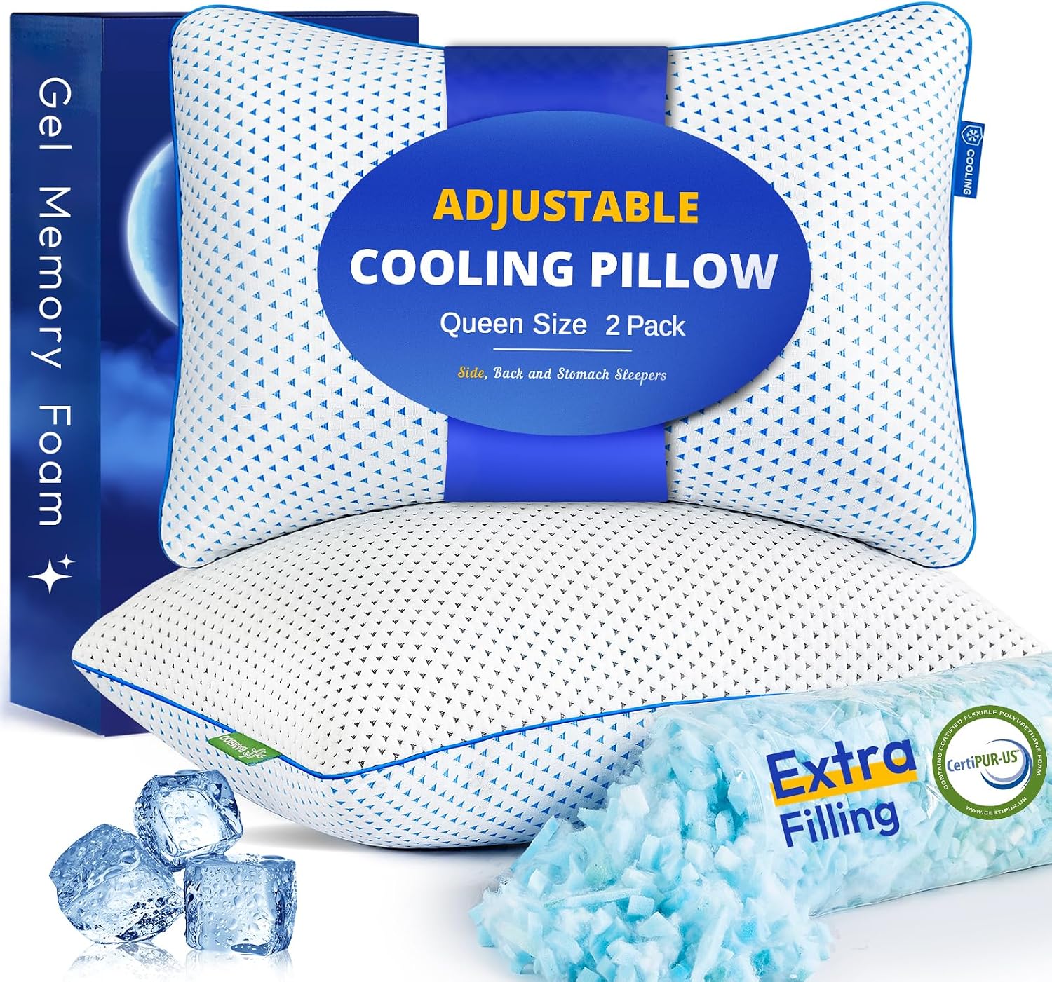 Fulocean Cooling Gel Memory Foam Pillows Queen Size Set of 2 for Sleeping, Bamboo Rayon Adjustable Firm Shredded Foam Cool Bed Pillows 2 Pa…