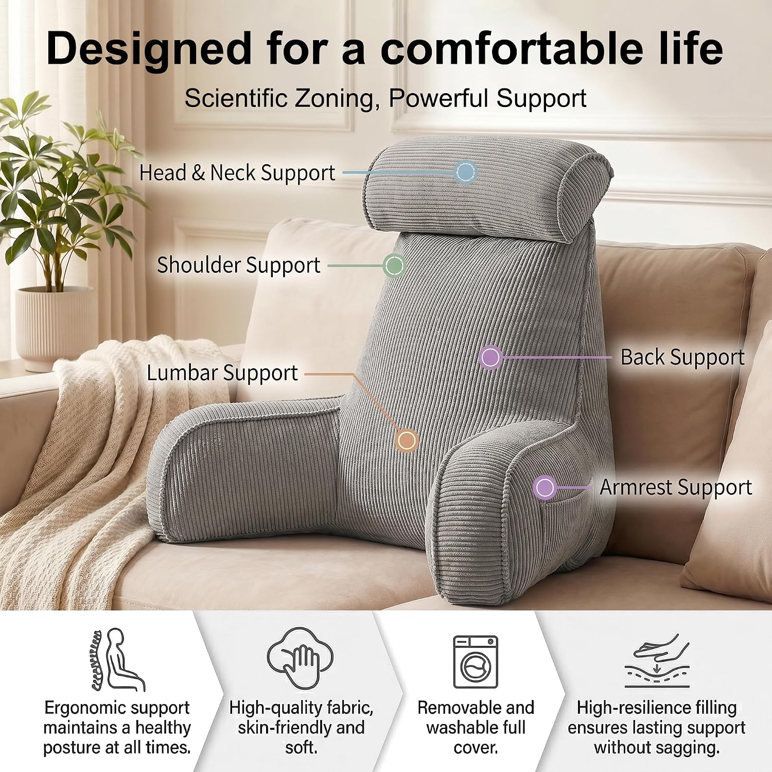 Ailuteie Corduroy Reading Pillow for Sitting Up in Bed, Backrest Pillow with Arms, Full Back Support Cushion with Side Pockets & Washable C…