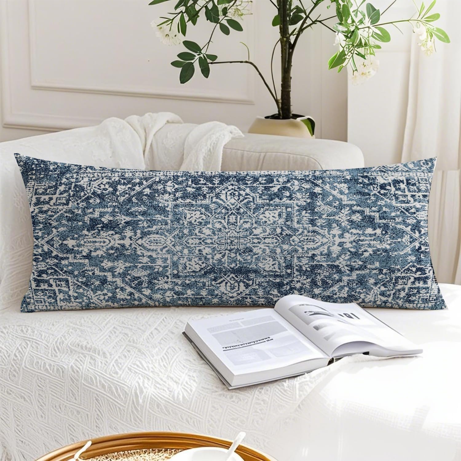 Vintage Boho Navy Blue Tribal 20x54 Body Pillow Cover, Retro Boho Blue Ethnic Moroccan Decorative Long Body Pillow Cases for Bed Couch
