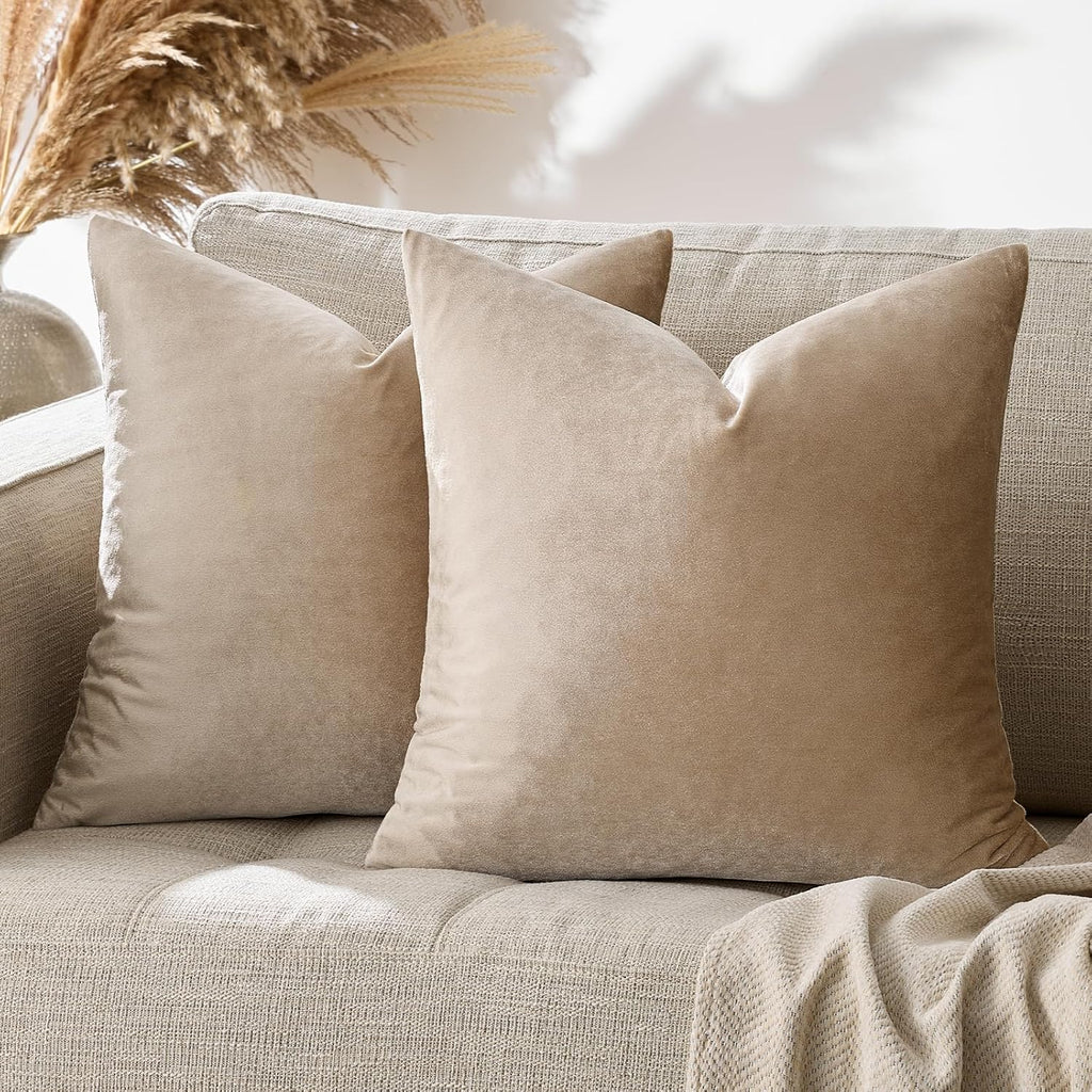 GIGIZAZAFocusingonhomedecoration GIGIZAZA Decorative Throw Pillow Covers 18x18, Set of 2 Taupe Square Couch Pillow Covers, Velvet Sofa Boho C…