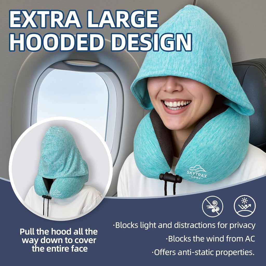 Travel Pillow with Extra Large Hood for Airplane Long Flights Privacy and Comfort Memory Foam with Skin-Friendly Cover for Road Trip…