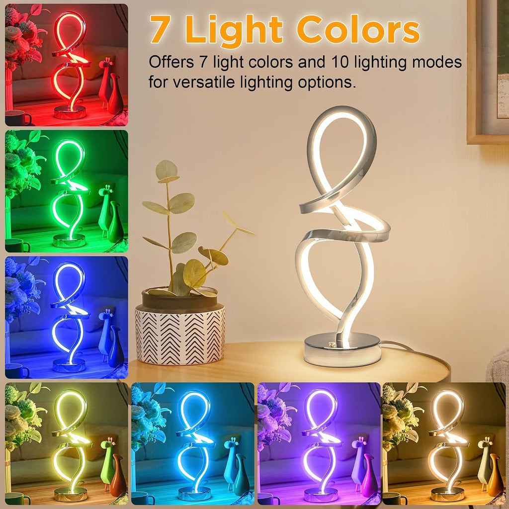 Mayful RGB Modern Table Lamp with 15W LED Unique Spiral Design, Silver Small Bedside Lamp & Nightstand Lamp, Touch Dimmable with 7 Colors…