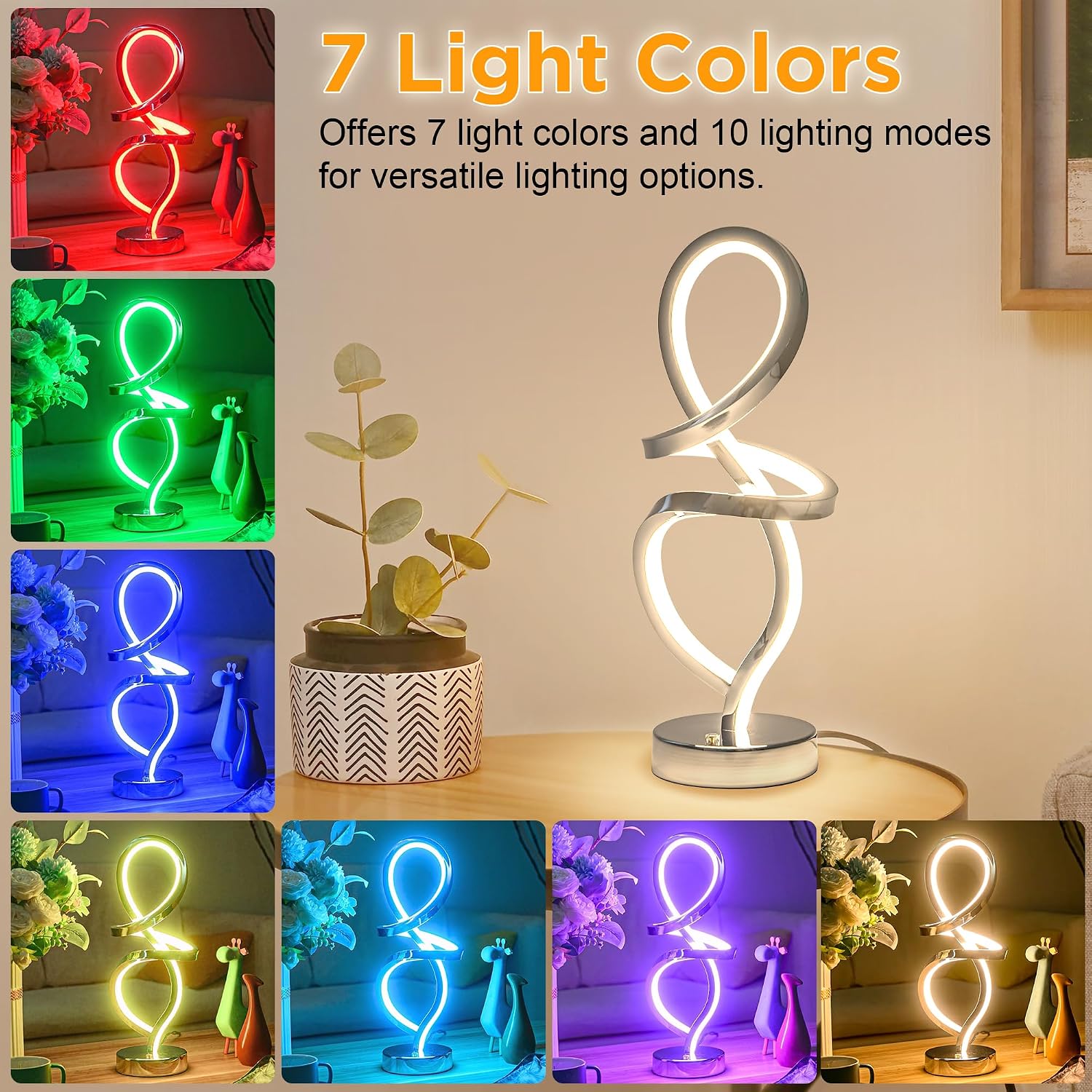 Mayful RGB Modern Table Lamp with 15W LED Unique Spiral Design, Silver Small Bedside Lamp & Nightstand Lamp, Touch Dimmable with 7 Colors…