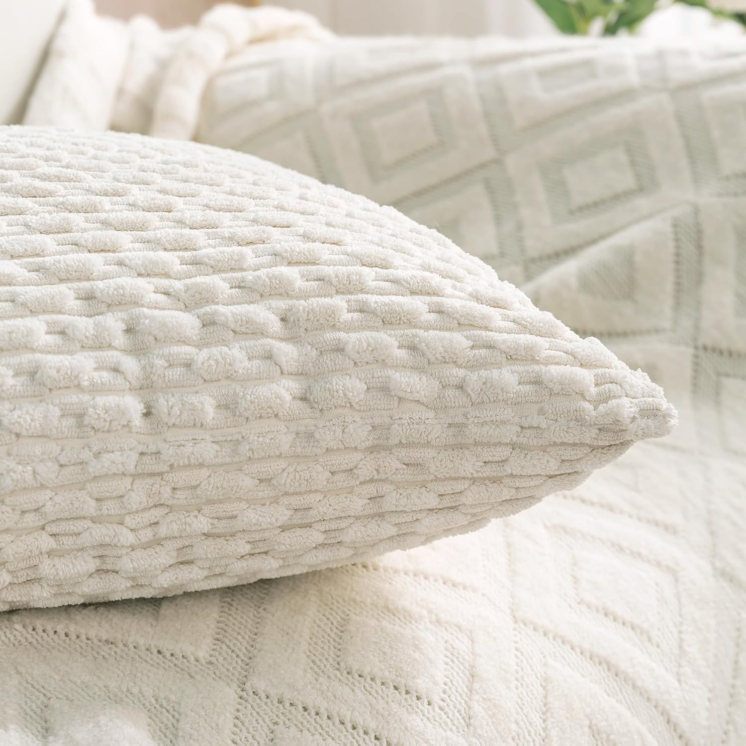 Cozoomy Set of 4 Cream White Decorative Throw Pillow Covers 20x20 Inch Corduroy Pillow Covers for Bed Couch Sofa Living Room Soft Square Cu…