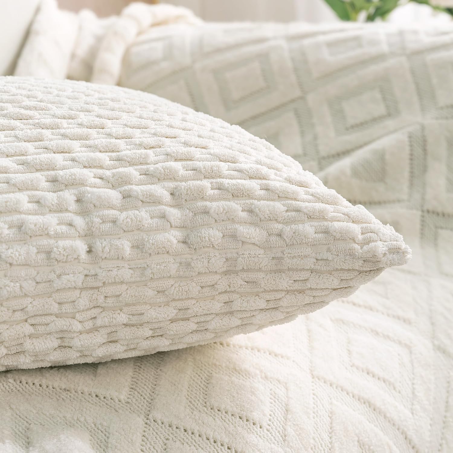 Cozoomy Set of 4 Cream White Decorative Throw Pillow Covers 18x18 Inch Corduroy Pillow Covers for Bed Couch Sofa Living Room Soft Square Cu…