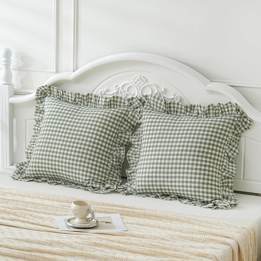 Qilunn 2 Pack Sage Green White Plaid Ruffle Euro Shams Pillow Covers 26x26 inches, 100% Cotton Gingham Checkered Farmhouse Pillowcases for…