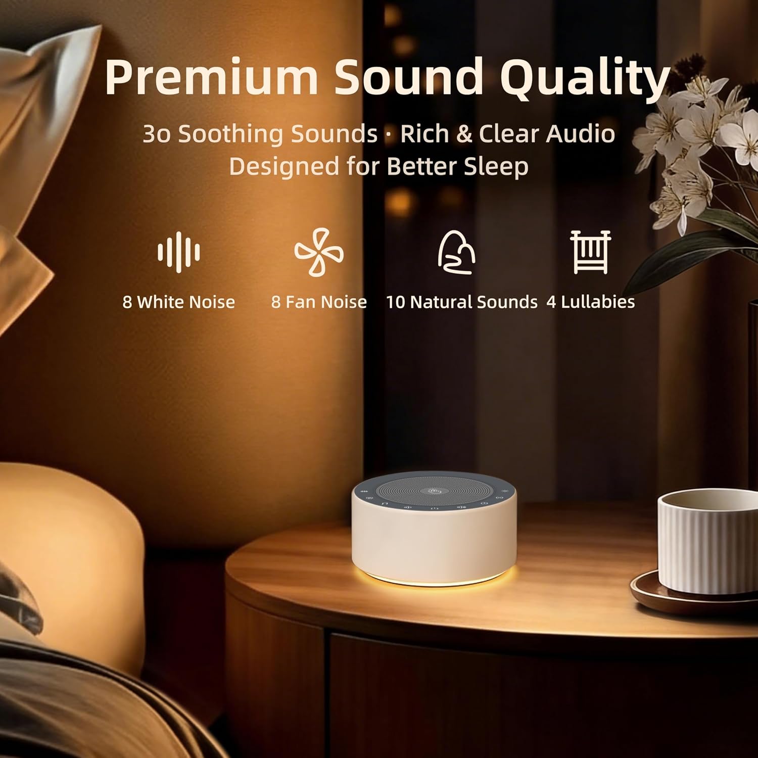 Kipcush White Noise Machine - Soft Non-Glare Nursery Lamp, 30 Soothing Sounds, 8 Color Lights, Max 8-Hour Timer for Baby & Adults (White…