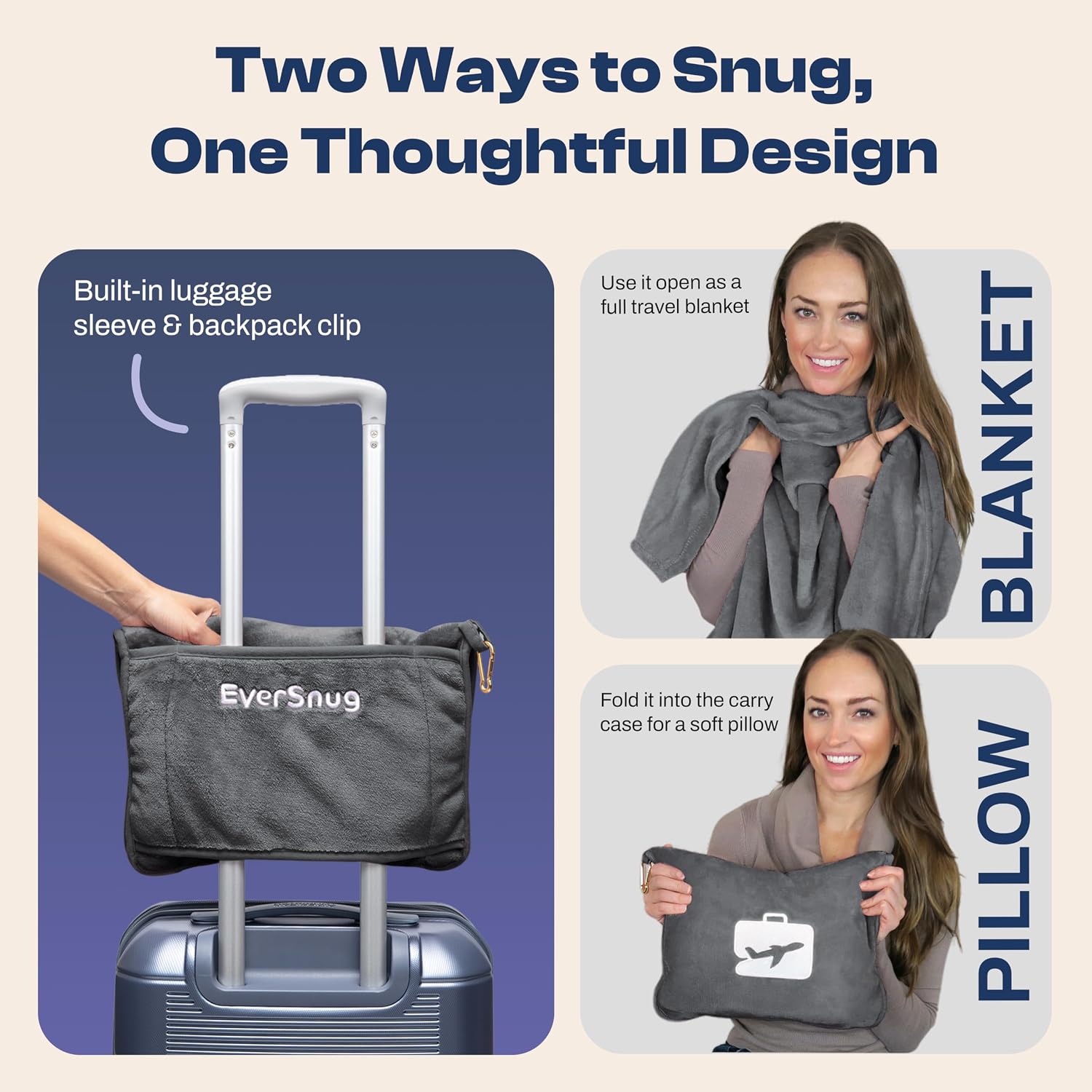 EverSnug Travel Blanket and Pillow - Premium Soft 2 in 1 Airplane Blanket with Soft Bag Pillowcase, Hand Luggage Sleeve and Backpack Clip…