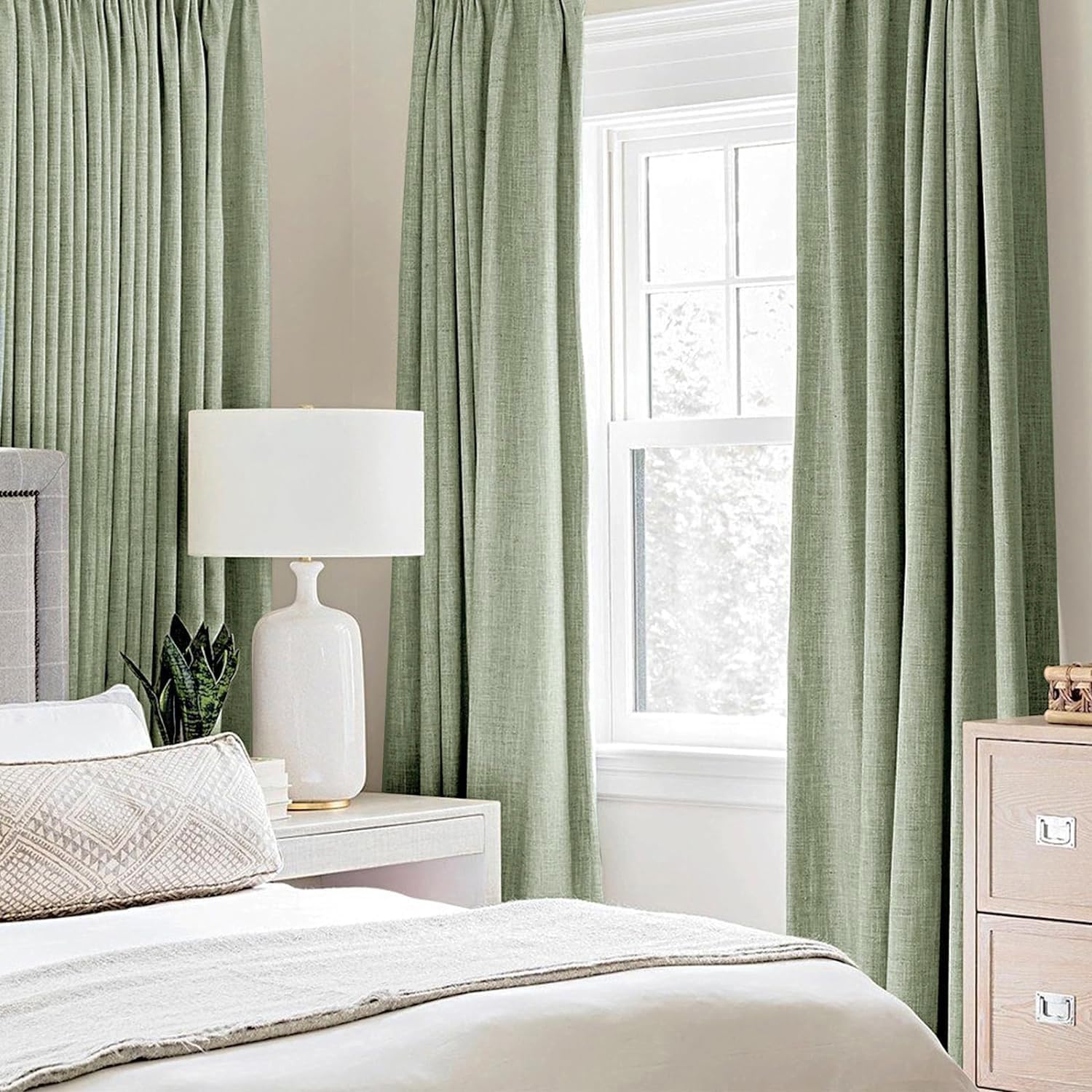 Miulee Linen Texture Curtains for Bedroom Solid 100% Blackout Thermal Insulated Sage Green Curtains Grommet Room Darkening Drapes for Livin…