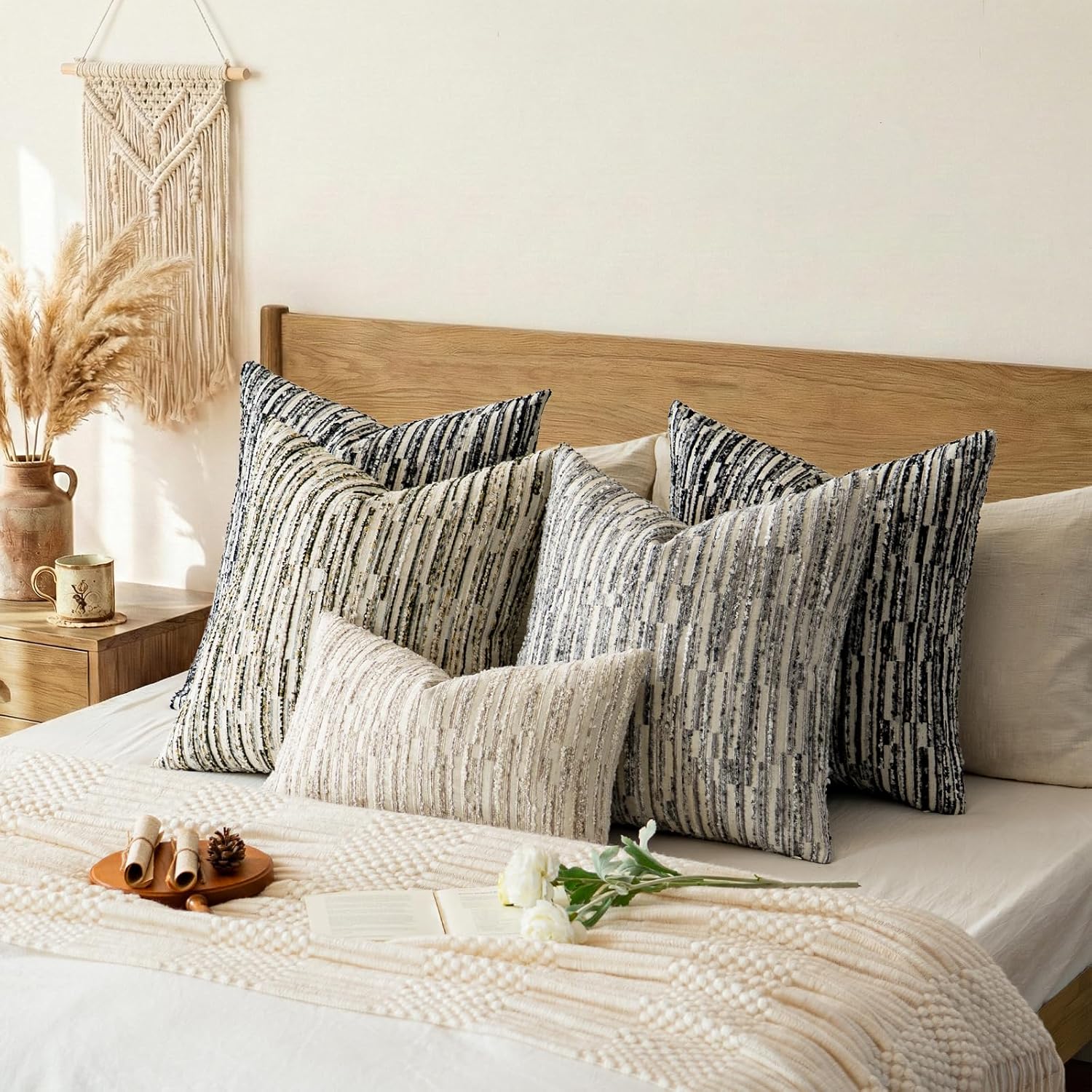 amoment a moment Boho Throw Pillow Covers Set of 2, Striped Decorative Rustic Farmhouse Pillow Cases, Aesthetic Modern Home Decor Couch Cushi…