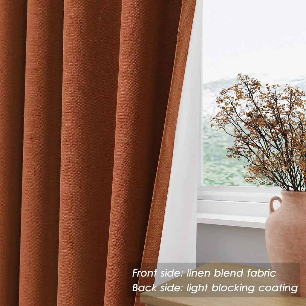 Nanspring Terracotta 100% Blackout Linen Curtains for Bedroom 90 Inches Long Back Tab Thermal Insulated Boho Farmhouse Decor Black Out Curt…