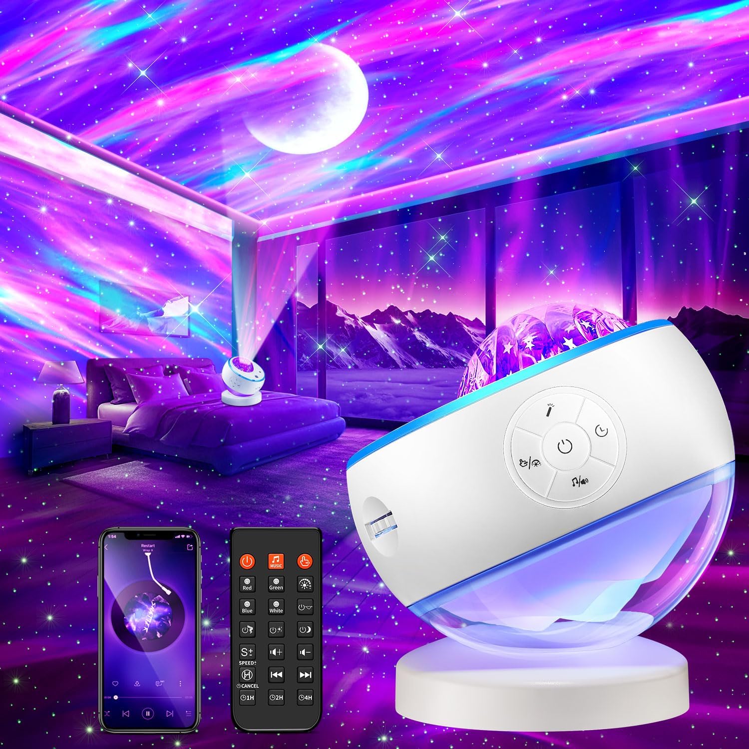 Northern Lights Projector,300+Color Modes Galaxy Projector for Bedroom, 15 White Noise, 5Moon Star Projector, Bluetooth, Remote Timer…