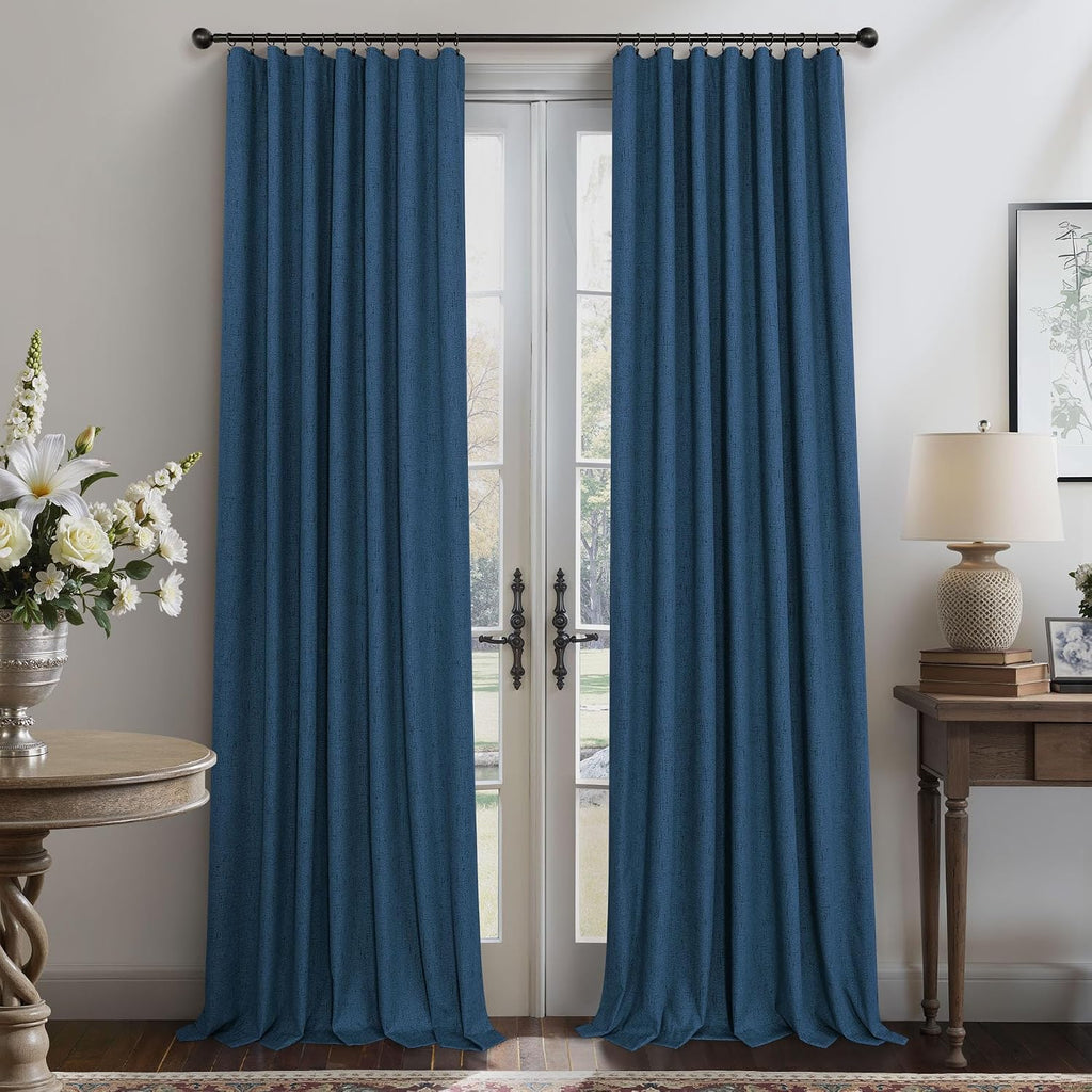 Pitalk Navy Blue Curtains for Living Room 102 Inch Long 100 Percent Blackout Linen Look Viral Window Curtains for Bedroom Black Out Drapes…