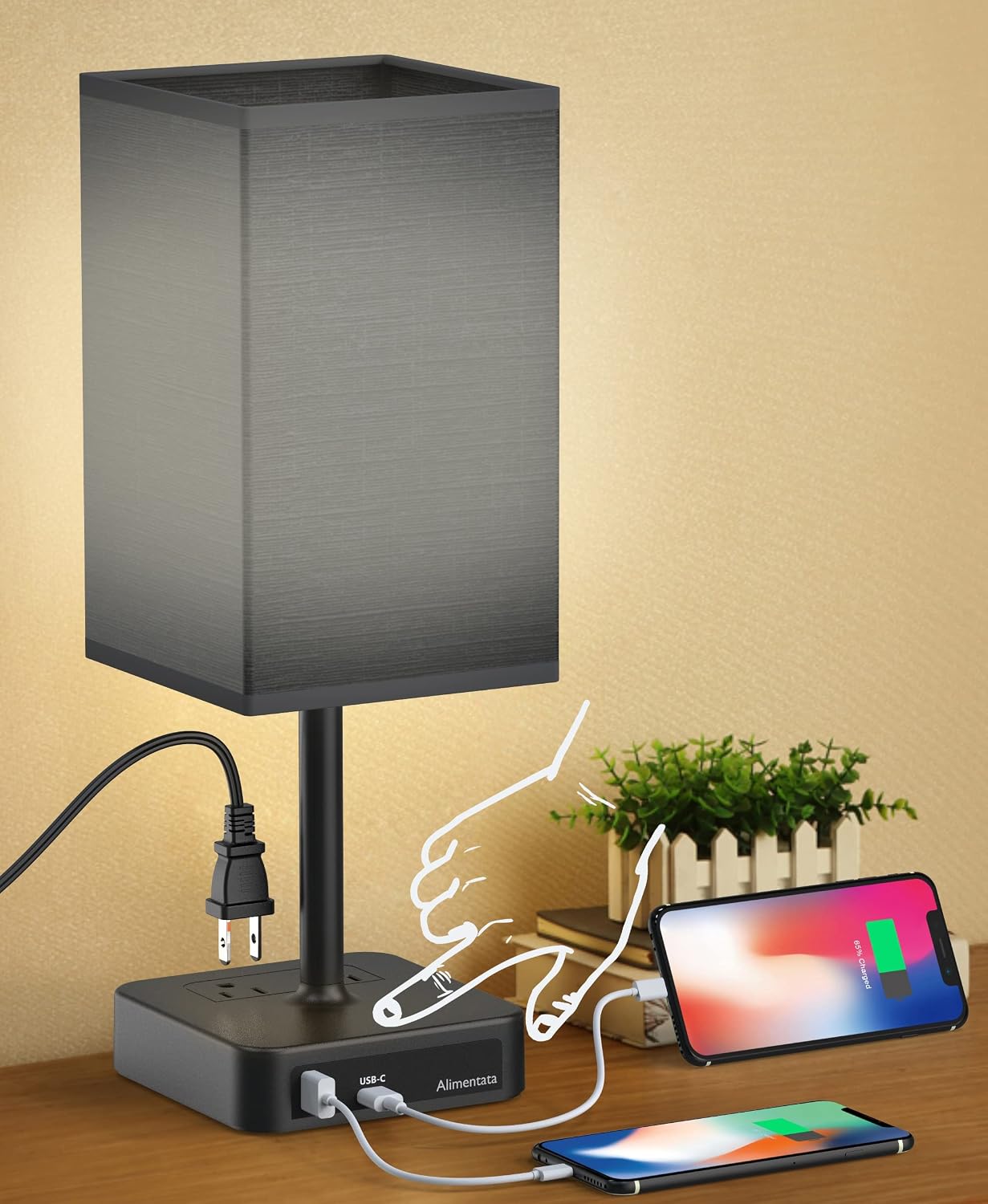 Bedside Table Lamp with Touch Control & USB C+A Charging Ports LED Desk Lamp with 2 AC Outlets, Minimalist Nightstand Light with Black…