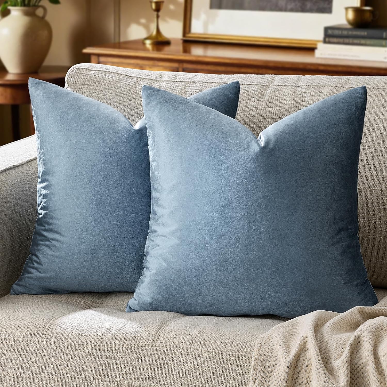 GIGIZAZAFocusingonhomedecoration GIGIZAZA Decorative Throw Pillow Covers 26x26, Set of 2 Stone Blue Square Couch Pillow Covers, Velvet Sofa B…