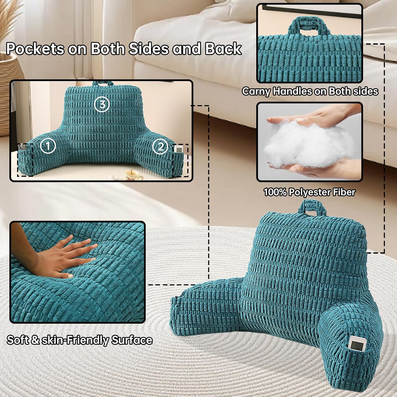 Pajeo Reading Pillow for Sitting in Bed with Arm Rests,100% 7D Fiber Filling Sitting Pillow for Back Support, Oeko-TEX Certified Backrest Pi…