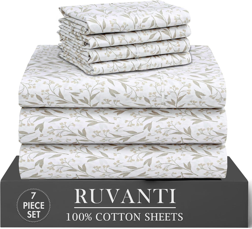 Ruvanti 100% Cotton Percale Sheets Split King Size 7 Piece Set, Cooling Bed Sheets for Hot Sleepers, Deep Pocket 16”, Breathable Lightweigh…