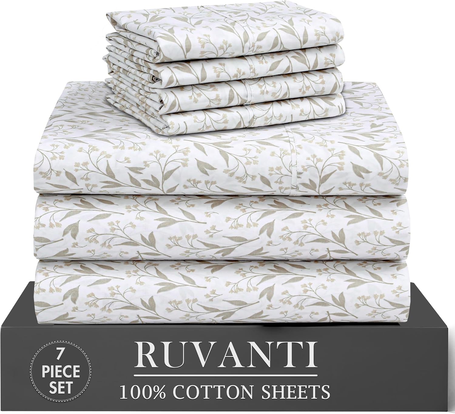 Ruvanti 100% Cotton Percale Sheets Split King Size 7 Piece Set, Cooling Bed Sheets for Hot Sleepers, Deep Pocket 16”, Breathable Lightweigh…