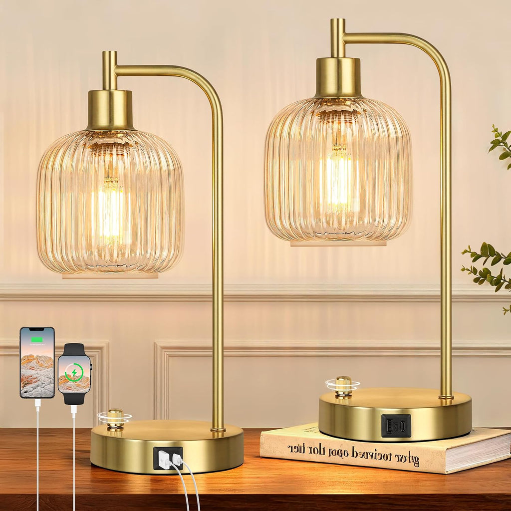 QiMH Industrial Table Lamp for Bedroom Set of 2, Clear Glass Beside Lamp with USB A&C Ports, Stepless Dimmable Gold Lamps, Nightstand…