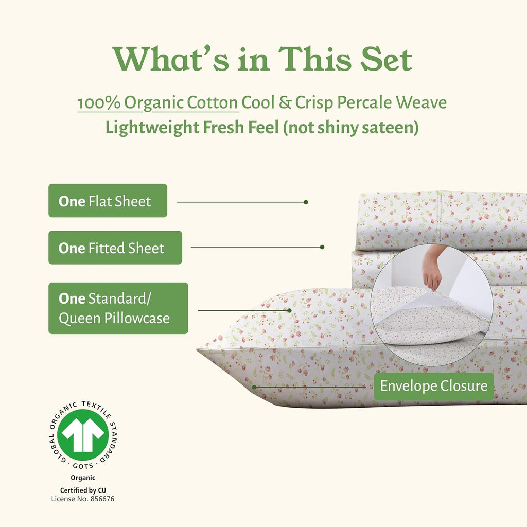 CaliforniaDesignDen California Design Den Twin Floral Sheet Set, 100% Organic Cotton Percale Sheets, Deep Pocket Twin Sheets & Pillowcase S…