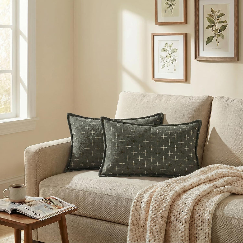 AVOINcolorlife AVOIN colorlife Pack of 2 Decorative Throw Pillow Covers 20x12 Inch, Flange Edges Woven Textured Cushion Case Home Decor for…