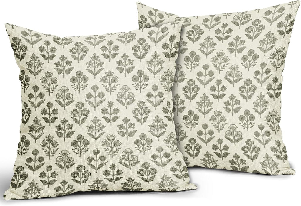 Olive Green Floral Pillow Covers 24x24 Inch Set of 2, Vintage Flower Block Print Pattern Decorative Throw Pillowcases Outdoor Farmhouse…