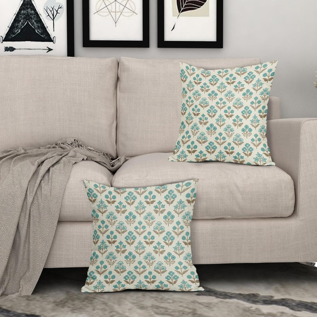 Brown Cyan Floral Block Print Pillow Covers 18x18 Inch Set of 2, Vintage Flower Pattern Decorative Throw Pillowcases Outdoor Farmhouse…