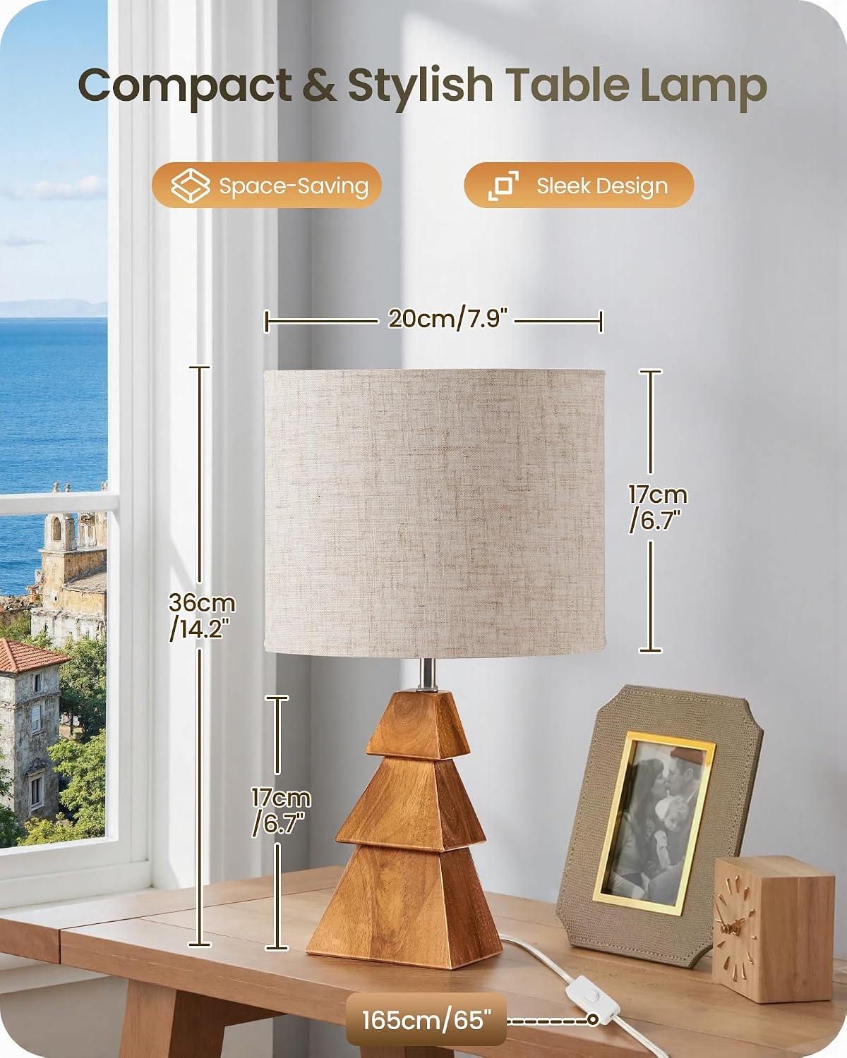 Wood Table Lamp, Wood Bedside Lamp with Tree-Shaped Base & Linen Lampshade, Modern Cute Desk Lamp for Living Room, Bedroom, E26 Base…