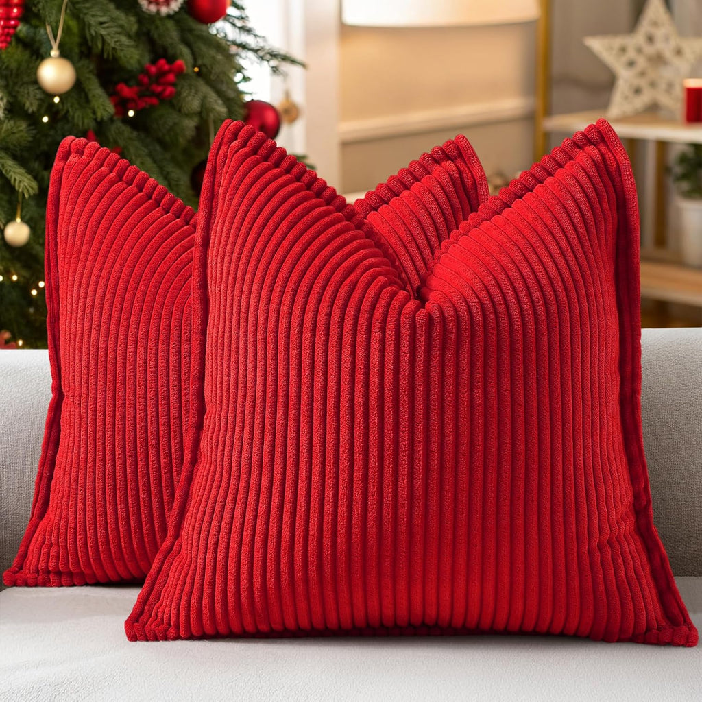 decorUhome Summer Corduroy Red Throw Pillow Covers 18x18 Set of 2 Decorative Soft Boho Farmhouse Couch Pillow Covers for Living Room Bed So…